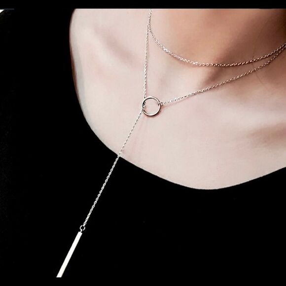 Silver Circle Strip Long Choker Necklace - Picture 2 of 4